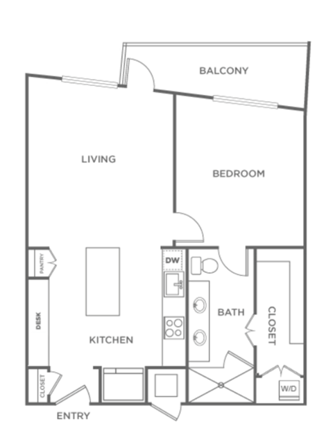 Floor plan for 1 bed, 1 bath, 799 sqft